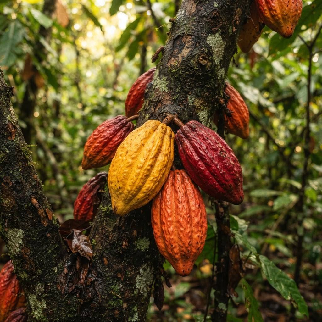 Theobroma Cacao — Ripe pods growing on the tree trunk
